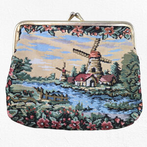 1960s Vintage Tapestry Coin Purse Windmill Scenic Kiss Lock Needlepoint Style